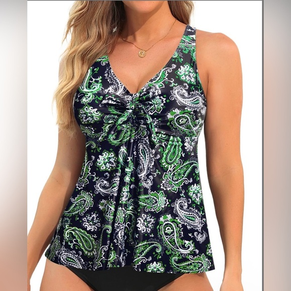 Yonique Womens Tankini Swim Top Loose Fit Bathing Suit No Bottom Green Paisley L - Picture 1 of 9